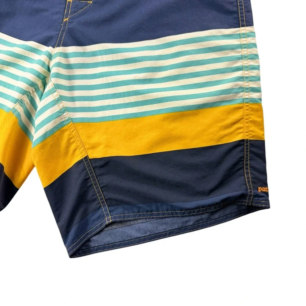 Patagonia Mens 34 Board Shorts Blue Yellow Striped Nylon Mesh Lined Swim Trunks